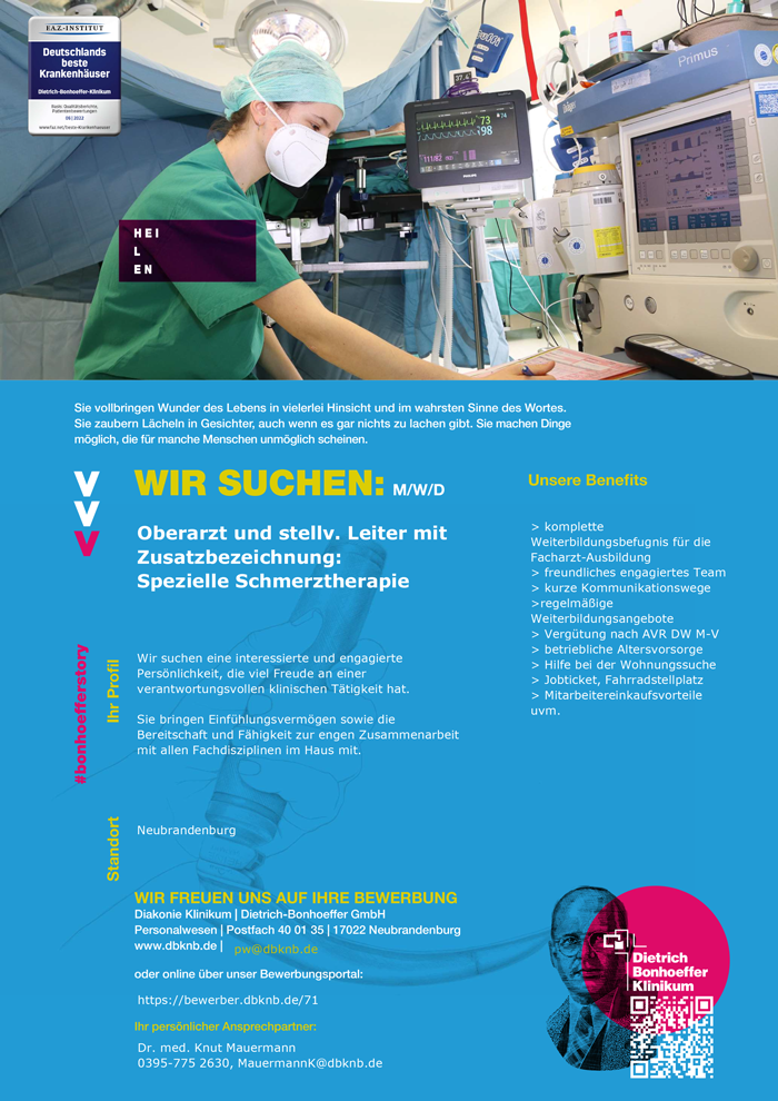 Diakonie Klinikum Dietrich Bonhoeffer GmbH Oberarzt/Oberärztin (m/w/d) stellv. Leitung für Schmerztherapie Neubrandenburg stellencompass.de