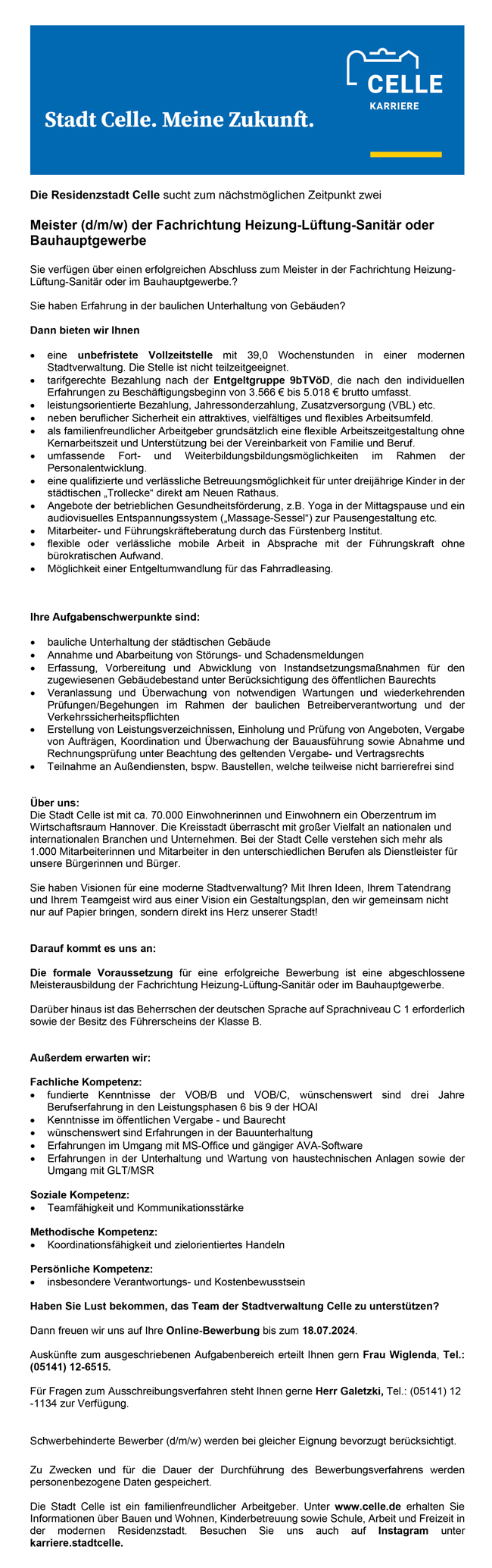 Stadt Celle Meister (m/w/d) Fachrichtung Heizung-Lüftung-Sanitär oder Bauhauptgewerbe stellencompass.de