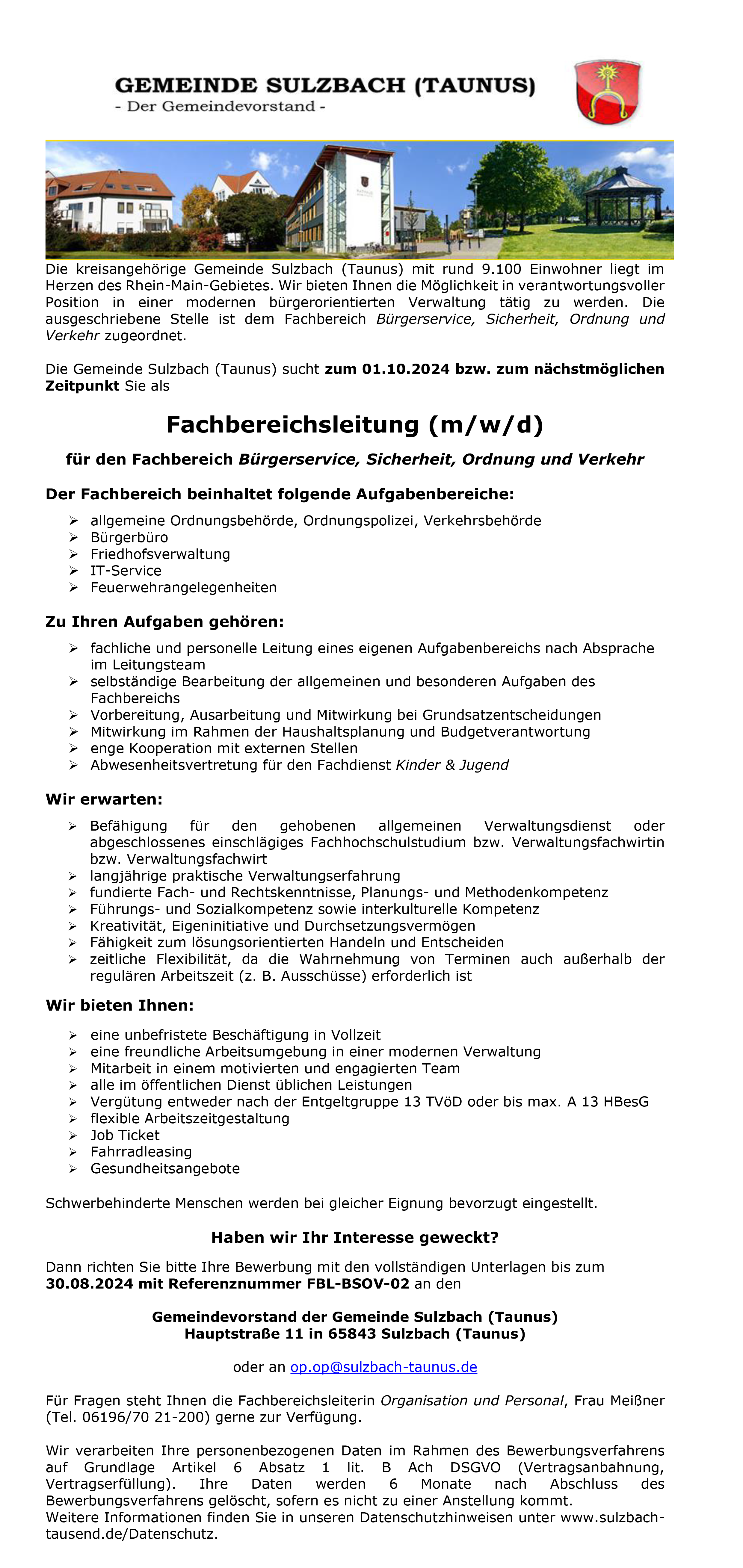 Gemeinde Sulzbach (Taunus) Fachbereichsleitung für den Fachbereich Bürgerservice/Sicherheit/Ordnung und Verkehr stellencompass.de