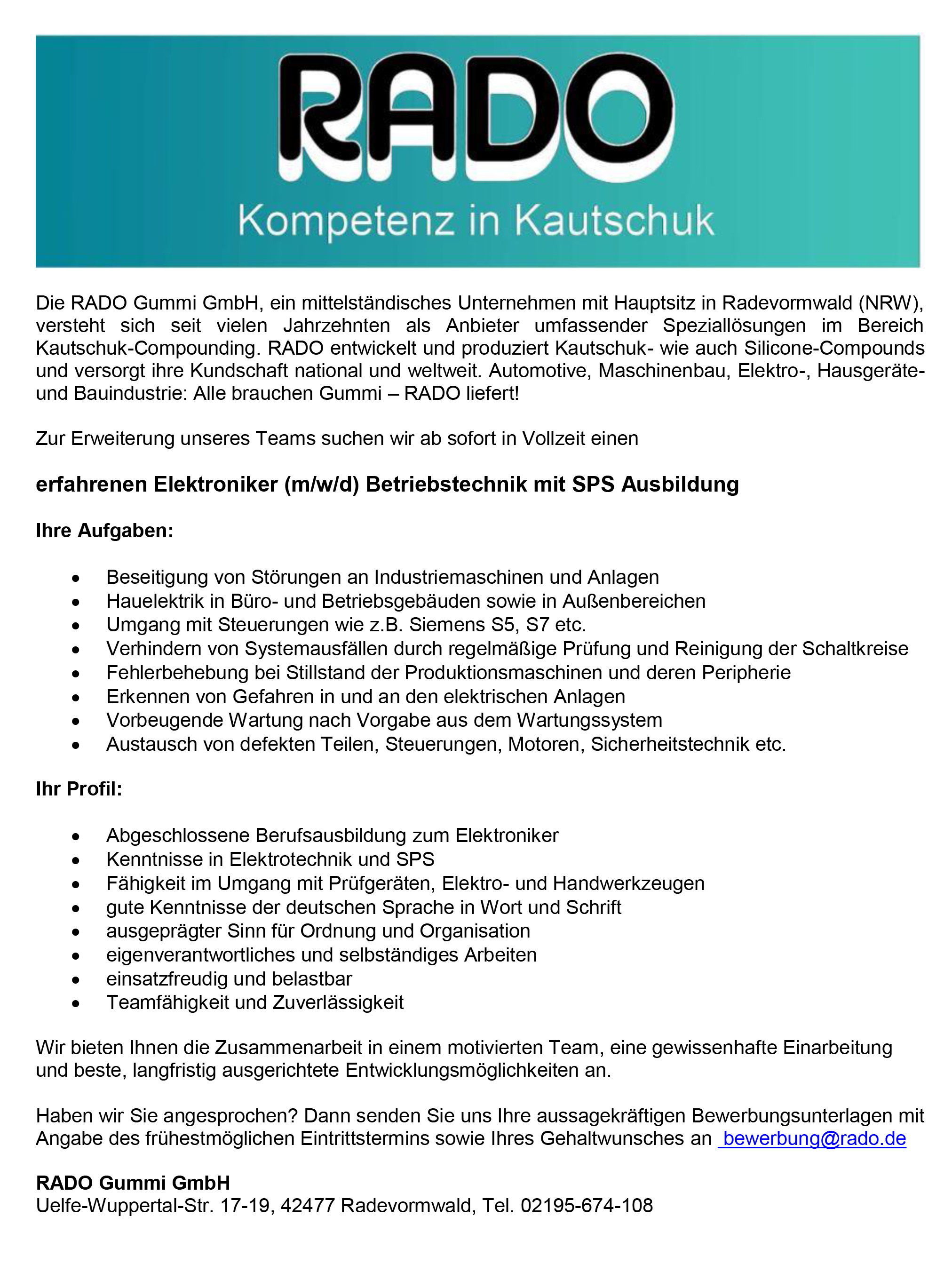 Rado Gummi GmbH Elektroniker/in für Betriebstechnik mit SPS Ausbildung Radevormwald stellencompass.de