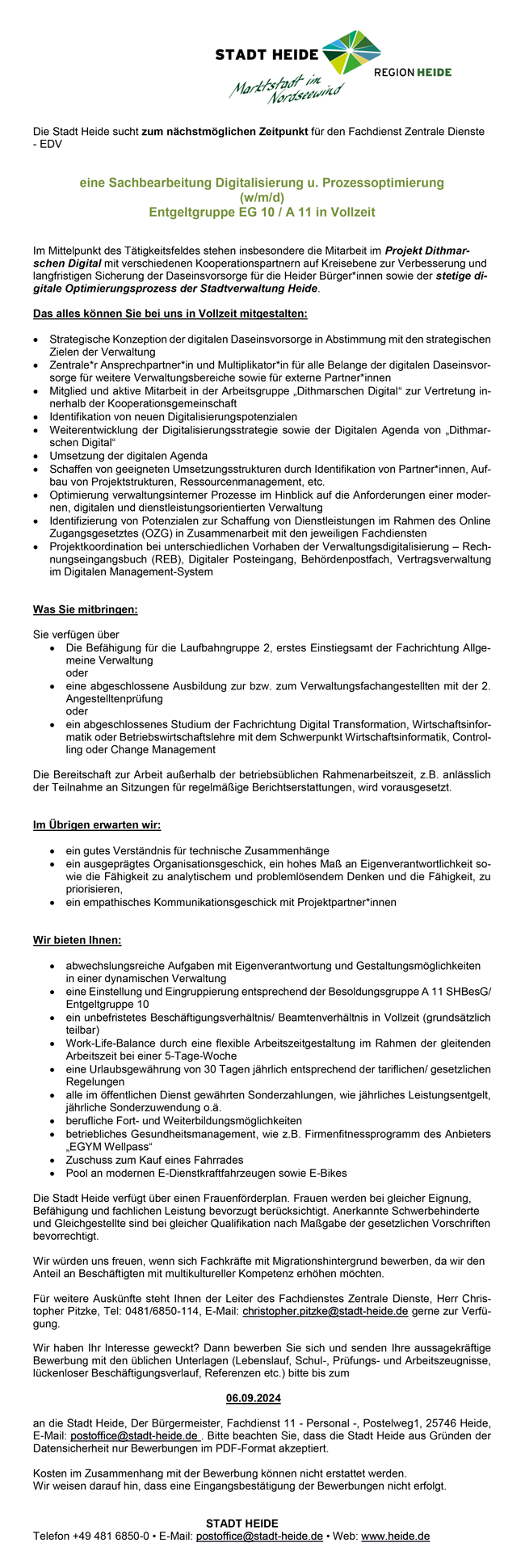 Stadt Heide Mitarbeiter/in in der Sachbearbeitung für Digitalisierung u. Prozessoptimierung stellencompass.de