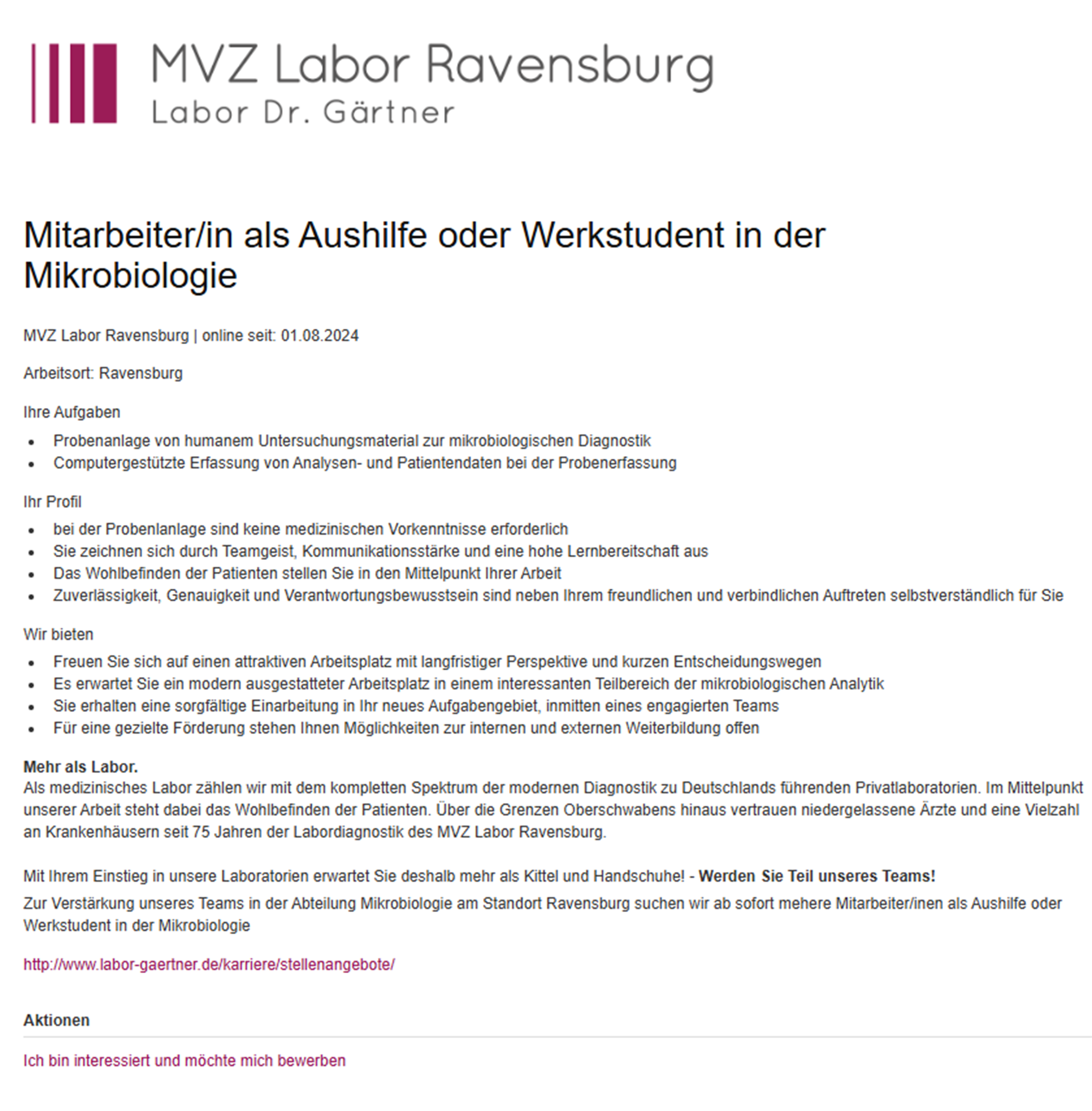 MVZ Labor Ravensburg Dr. Gärtner Mitarbeiter/in als Aushilfe oder Werkstudent in der Mikrobiologie stellencompass.de